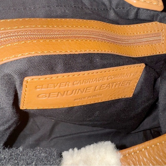 Clever Carriage Tan Leather Hobo Bag Shearling Detail EarPod Case Cowboy Rodeo - Picture 10 of 12